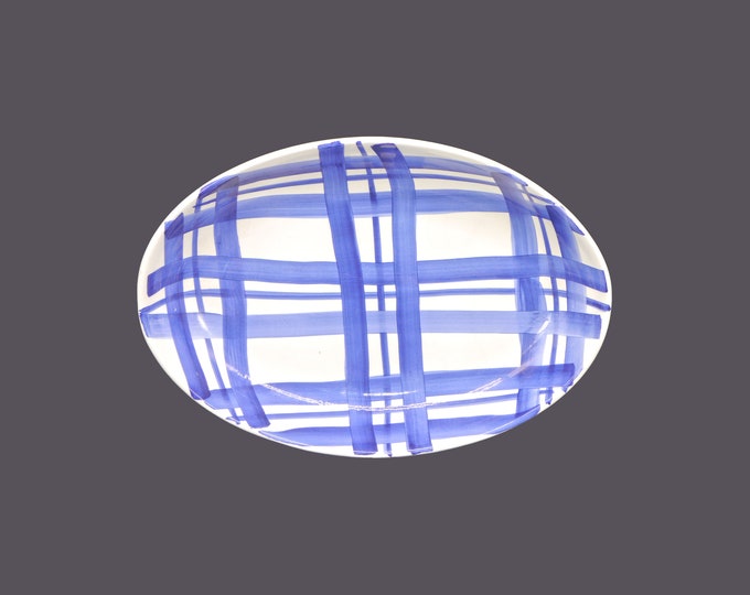 Pier 1 Blue-and-white plaid oval pasta serving bowl. Hand painted, made in Italy.