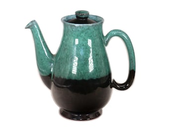 Vintage Canuck Pottery Coffee Pot: Green & Black Drip Glaze, Evangeline 966