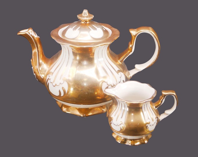 Price Kensington 3614 gold lusterware four-cup teapot and creamer made in England.