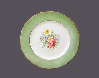 Antique art-nouveau period Johnson Brothers dinner plate. Broad green rim, center florals, gold edge. Made in England. Flaws (see below).