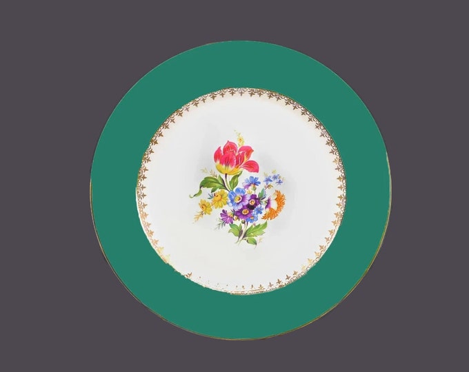 Royal Winton Grimwades dinner plate made in England. Green rim, multicolor center florals, filigree verge, gold edge.