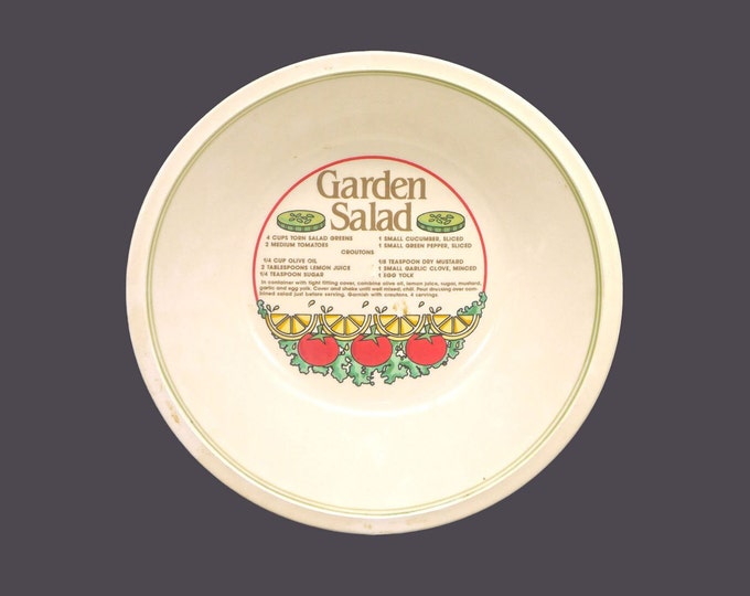 Attributed Mount Clemens Pottery Garden Salad large round rimmed salad serving bowl. Garden Salad Recipe in center.