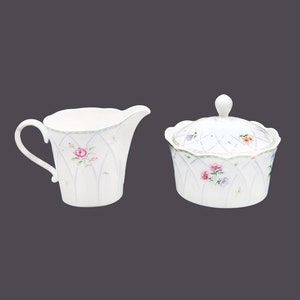 Mikasa Spring Prose A8010 bone china creamer and covered sugar bowl set made in Indonesia.