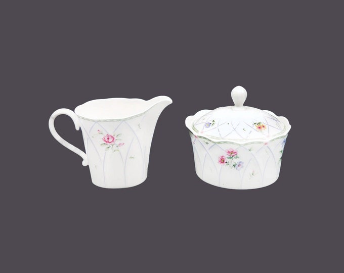 Mikasa Spring Prose A8010 bone china creamer and covered sugar bowl set made in Indonesia.