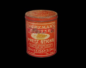 Antique Holtzman's Pretzel Sticks tin made in Pennsylvania USA. Tin-tight packaging.