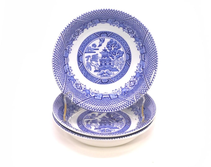 Three antique Wood & Sons Willow Blue fruit nappies, dessert bowls. Classic blue-and-white Chinoiserie made in England.