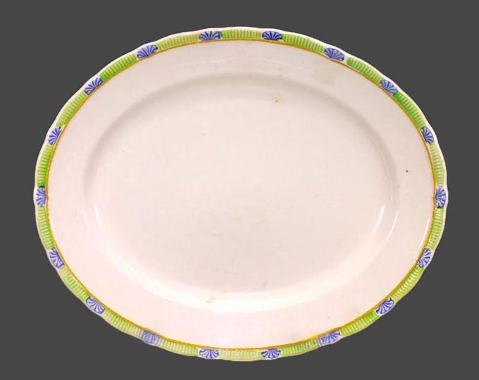 Hollinshead Kirkham | H&K Tunstall art-deco era oval serving platter. Blue shell design embossed stripes made in England.
