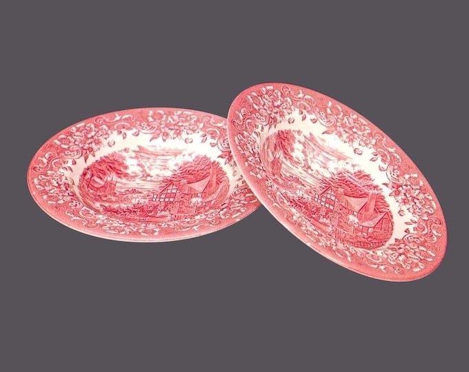 Pair of Staffordshire Engravings 17th Century Red transferware rimmed soup bowls. Flaws (see below).