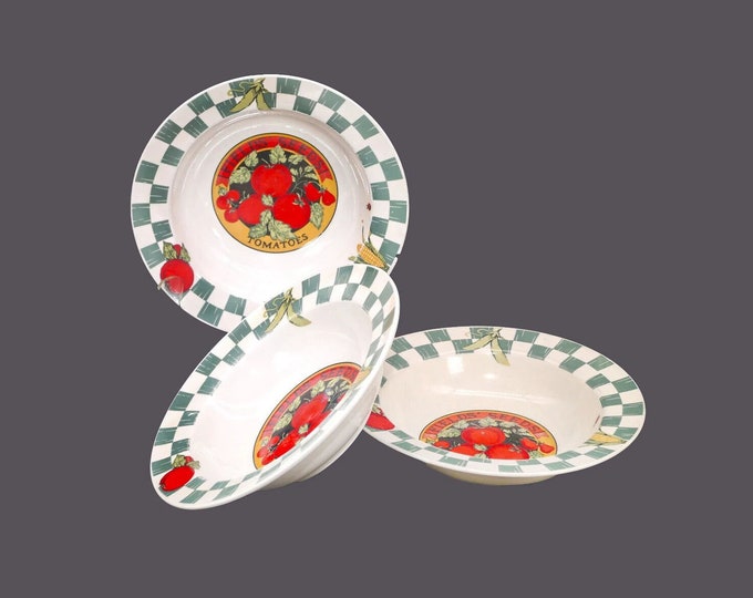 Three Tienshan Farmer's Market rimmed stoneware soup bowls. Fields' Seeds, tomatoes.