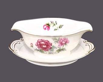 Vintage Kyoto Peony twin-spout gravy boat with attached underplate made in Japan.