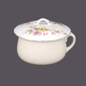 May include: White ceramic chamber pot with a floral lid. The lid features a floral design with pink, yellow, and blue flowers. The pot has a handle on the side.