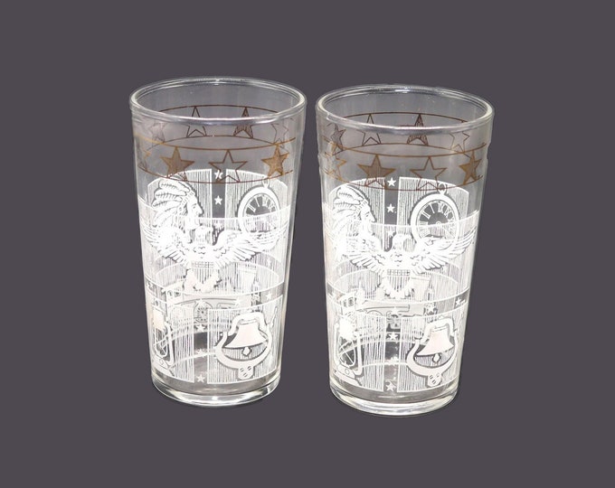 Pair of mid-century Dominion Glass Americana | Indian Chief | American Eagle tumbler glasses. Etched-glass artwork. Made in USA.