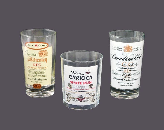 Trio of glasses Canadian Club, Schenley OFC and Carioca White Rum. Etched-glass branding.