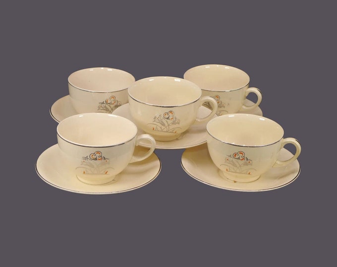 Five antique Edwardian Age Johnson Brothers JB204 cup and saucer sets. Victorian ironstone made in England. Flaws (see below).