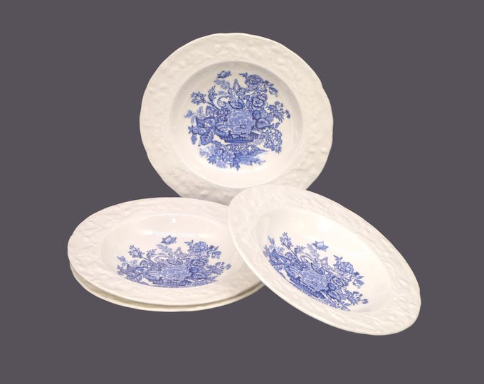 Four Masons Ascot on Oak | Hanging Basket rimmed dessert bowls. Blue-and-white tableware made in England.