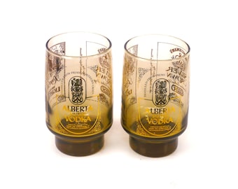 Vintage Amber Etched Cocktail Glasses: Silver Crown Gin, Alberta Vodka (Pair)