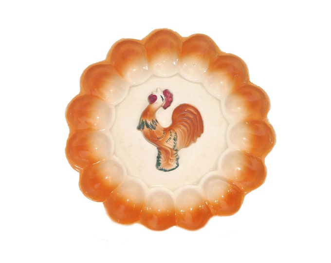 Deviled Egg serving plate. Majolica Rooster center. Holds fifteen deviled eggs. Attributed 1960s Japan.