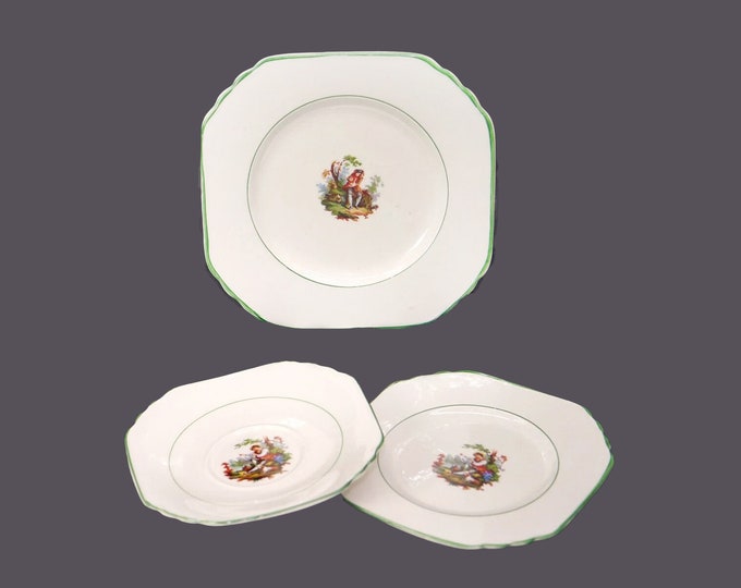 Three pieces of antique Victorian Bridgwood & Son 2896 tableware. Troubadour Medieval Scene two plates and saucer. Made in England
