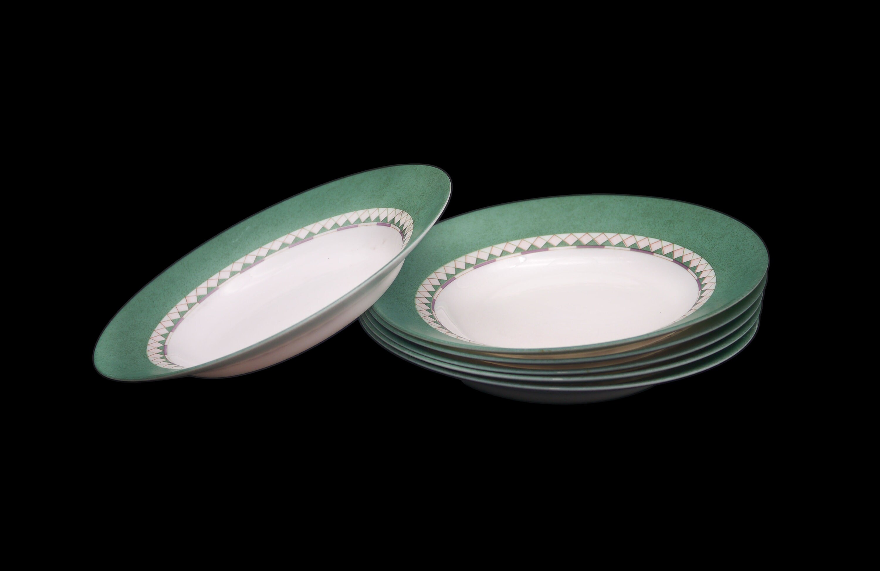 Six Arcopal rimmed glass soup bowls. Sponged green rim, green triangles