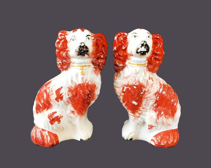 Pair of Victorian-era English Staffordshire Dogs | Cavalier King Charles Spaniels mantle dogs. Flaws (see below).