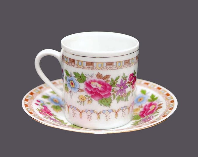 Liling Peony demitasse espresso cup and saucer set. Pink peonies, other florals.