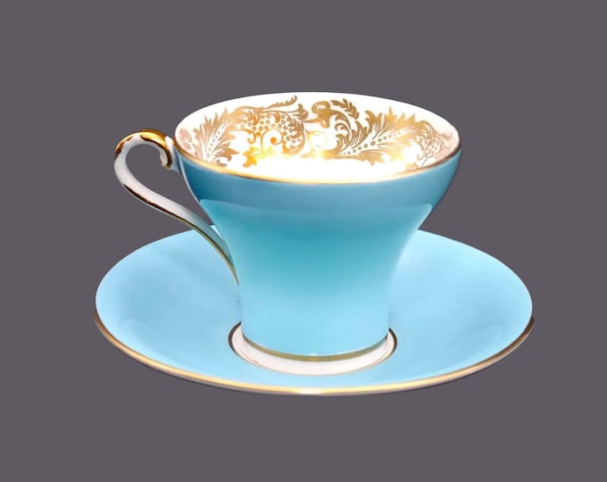 Aynsley 2933 bone china cup and saucer set made in England. Portland Blue, gold filigree accents.
