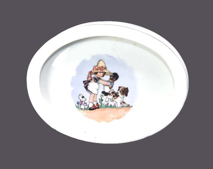 Antique oval child | baby porridge oatmeal bowl made Czechoslovakia. Girl, doll, dog in center.