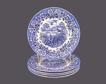 Five Staffordshire Engravings | EIT 17th Century Engravings Red River Scenes Blue salad plates made in England.