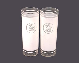 Vintage Dominion Glass frosted dragon griffin on turret high-ball glasses. 2 glasses.