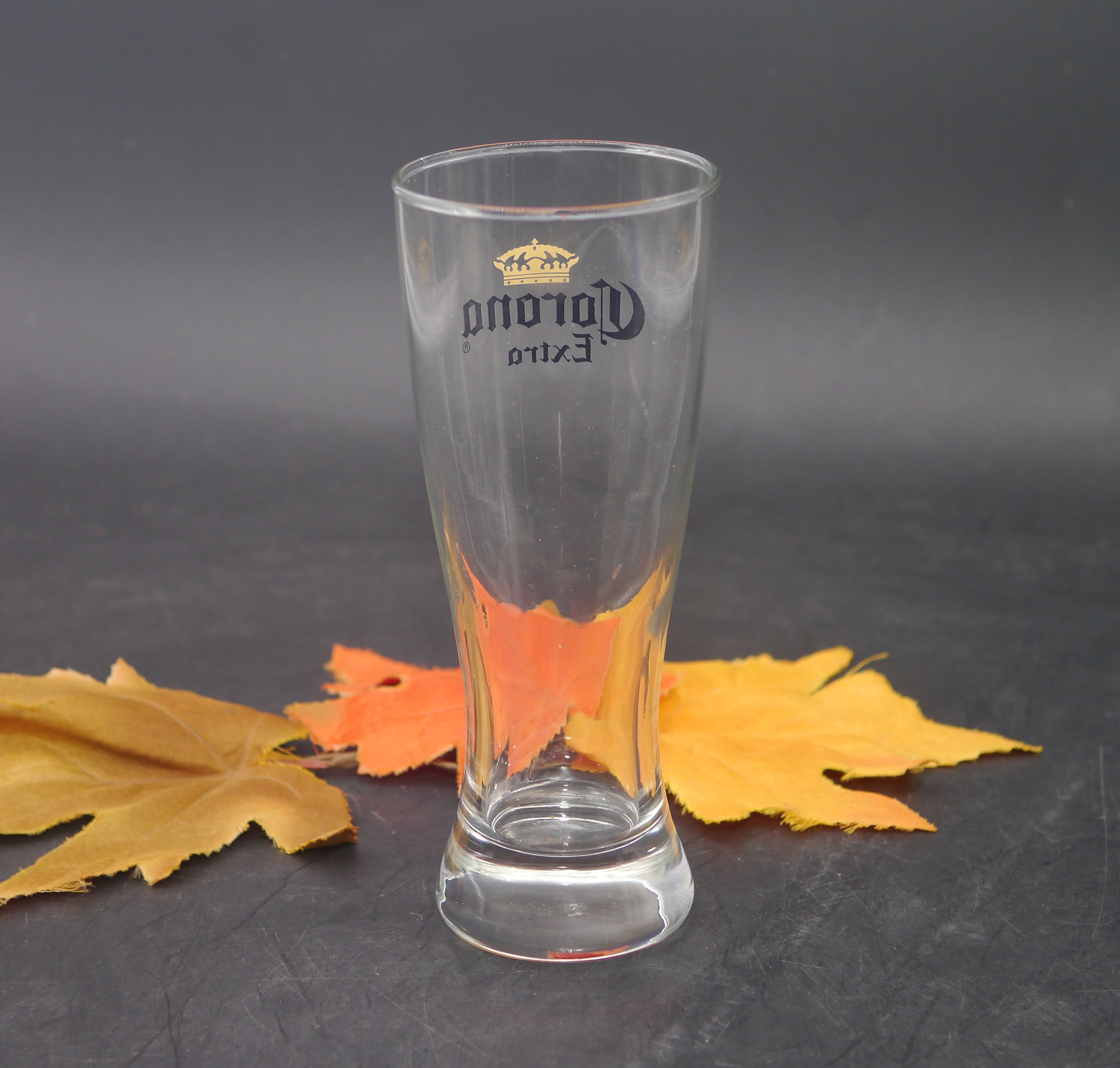 Corona Extra pint beer glass. Etched-glass branding.