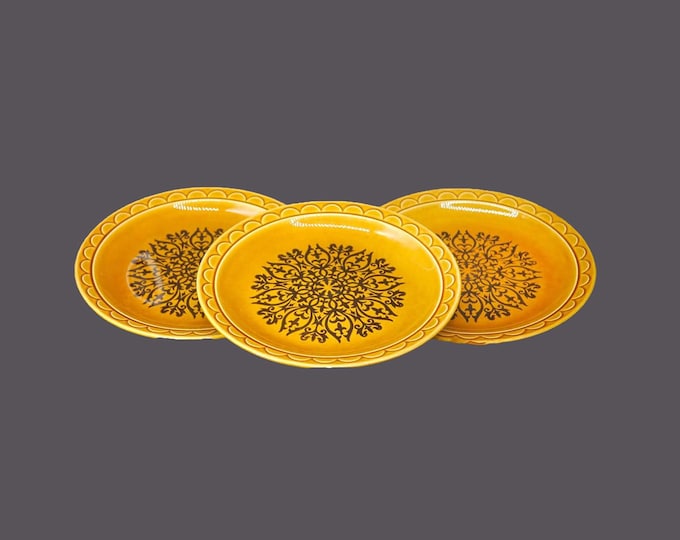 Three Homer Laughlin Cortez | Coventry stoneware dinner plates. Castilian stoneware made in USA.
