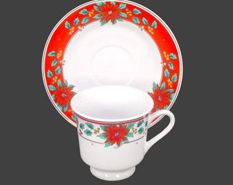 Royal Heritage RHR8 | Holiday Heritage Christmas cup and saucer set. Red Poinsettias, berries, holly. Sets sold individually.