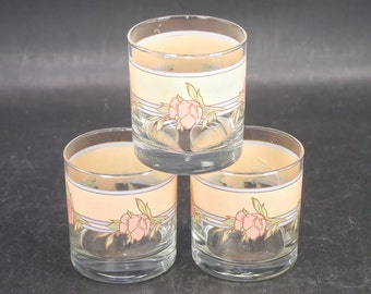 Three Cutler etched-glass lo-ball glasses made in USA. Pink flowers, peach blue bands.