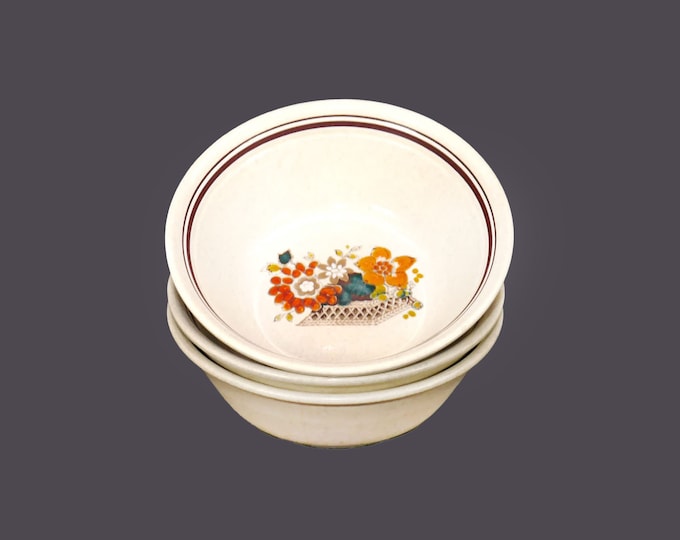 Three Royal Doulton Paradise Garden LS1041 coupe stoneware cereal bowls made in England.