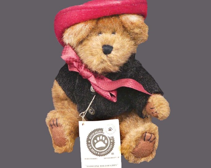 Boyd's Bear Madeline Willoughby teddy bear red brimmed felt hat and ribbon black knitted jacket with buttons. Original tags.