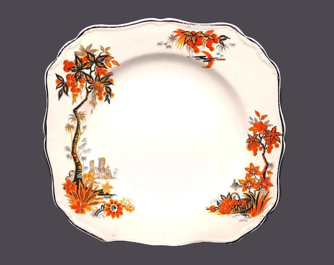 Almost antique J&G Meakin Orange Grove hand-painted squared salad plate. Sol Sunshine ironstone made in England. Flaw.