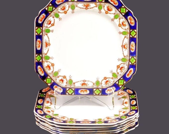 Seven antique Edwardian Age Thomas Hughes & Son Imperial Derby square luncheon plates. Imari tableware made in England.