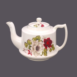 James Kent Old Foley four-cup teapot made in England. Red rose, pink chrysanthemums.