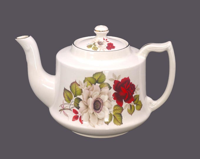 James Kent Old Foley four-cup teapot made in England. Red rose, pink chrysanthemums.