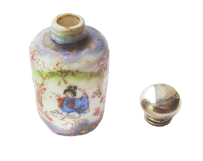 Antique Edwardian period hand-painted porcelain silver perfume | scent bottle. Chinoiserie | Geisha motif. Birmingham hallmarks.