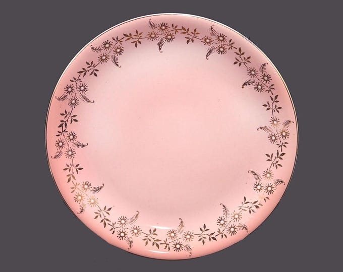 British Anchor Pottery luncheon or small dinner plate. Pink ground, gold and white flowers, gold edge. Made in England.