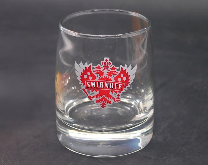 Smirnoff Vodka lo-ball, whisky, on-the-rocks, old fashioned glass. Etched-glass branding.