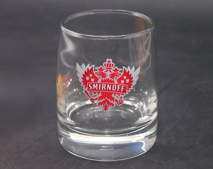 Smirnoff Vodka lo-ball, whisky, on-the-rocks, old fashioned glass. Etched-glass branding.