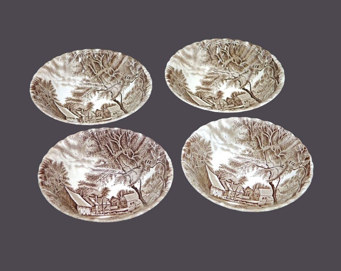 Four Johnson Brothers Watermill Brown coupe cereal bowls made in England. Marks (see below).