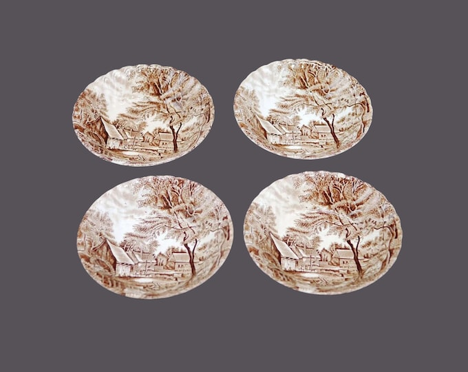 Four Johnson Brothers Watermill Brown transferware fruit nappies, dessert bowls made in England. Flaws (see below)