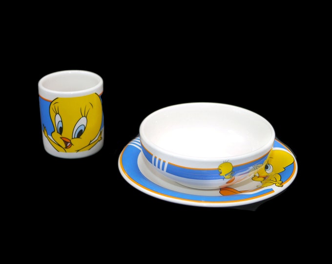 Vintage (1990s) Gibsons Tweety Bird Looney Tunes three-piece set of plate, cereal bowl and mug. Great baby gift.