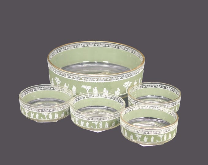 Jeannette Glass Hellenic Green five-piece salad serving set. Serving bowl, four individual bowls. Made in USA.