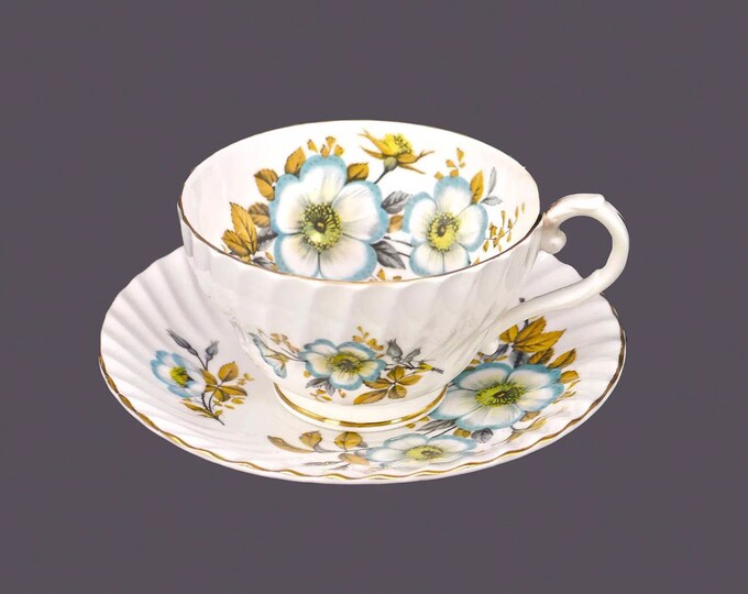 Stanley Bone China wide-mouth cup and saucer set made in England. Blue anemones, brown leaves.
