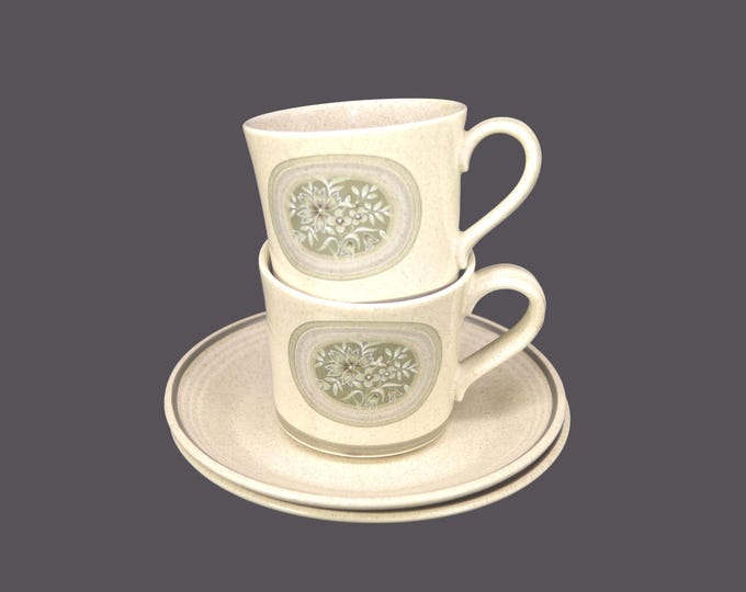 Pair of Royal Doulton Earthflower LS1034 stoneware cup and saucer sets. Lambethware made in England.