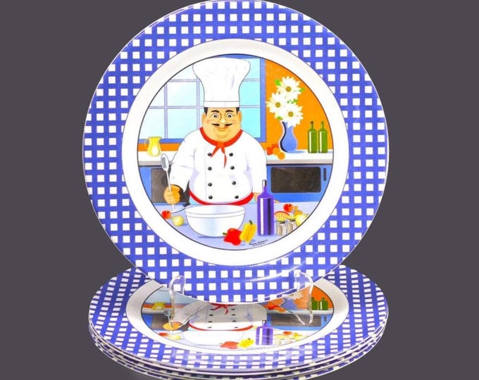 Six Bommy Sabatini Chef & Bar B'Que Man large Mela-ware dinner plates.